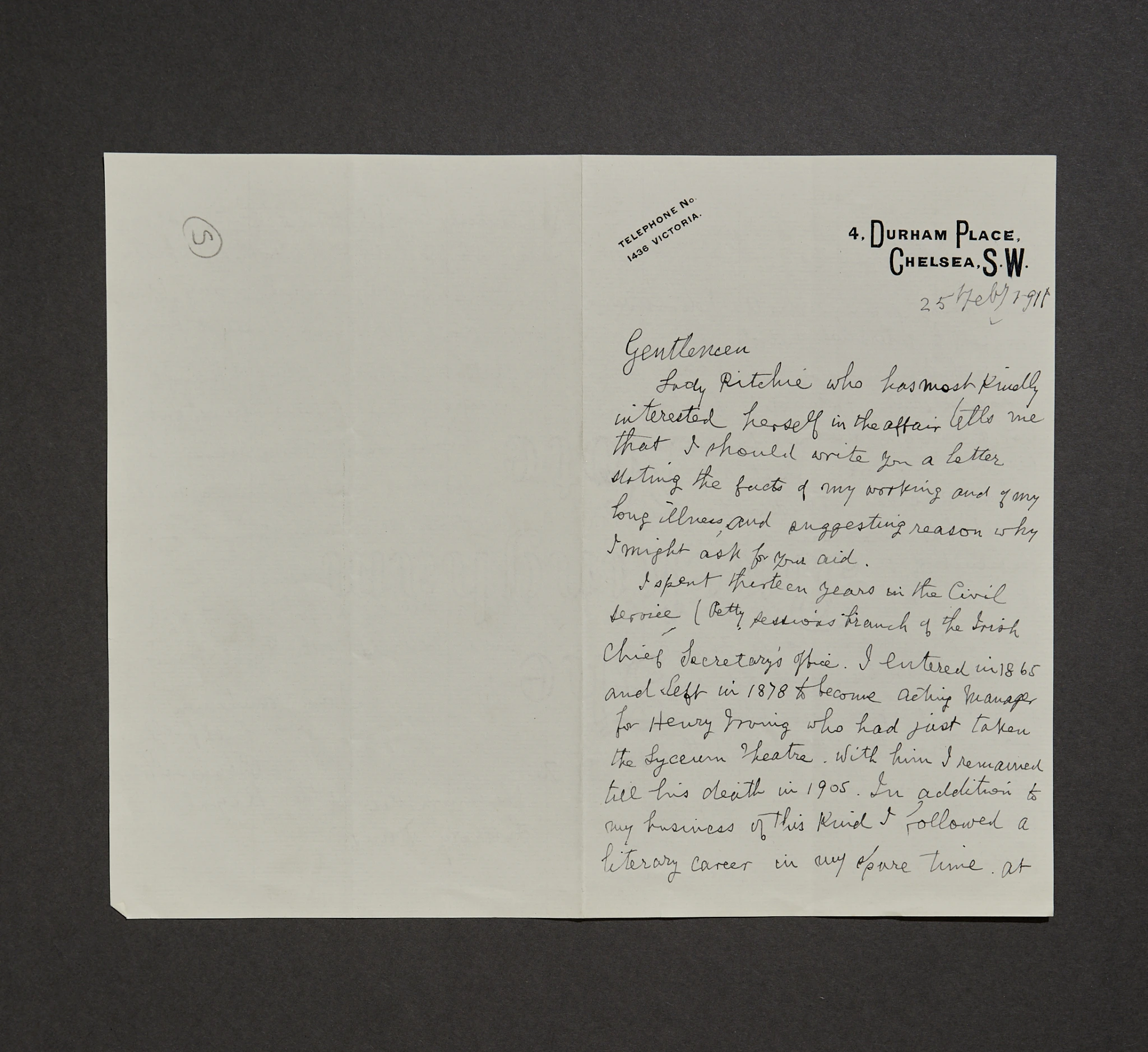 Page 1 of Bram Stoker’s handwritten letter to the Royal Literary Fund, dated 25 February 1911