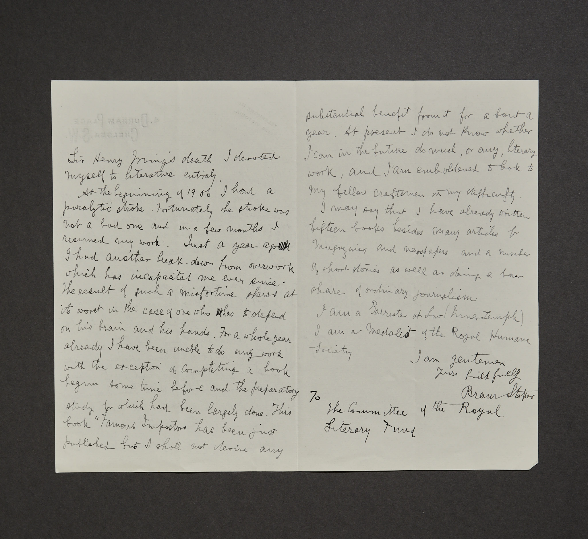 Pages 2 and 3 of Bram Stoker’s handwritten letter to the Royal Literary Fund, including his signature