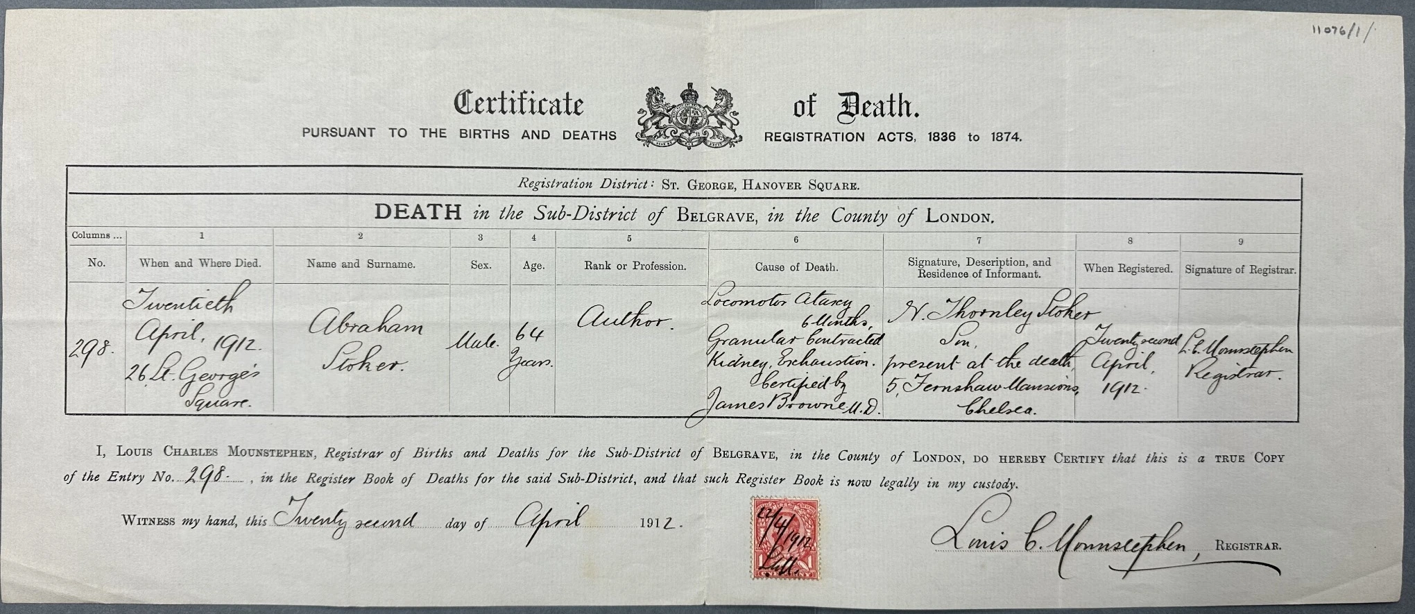 Certified copy of Abraham Stoker’s death entry, recording his death on 20 April 1912, aged 64, and occupation Author