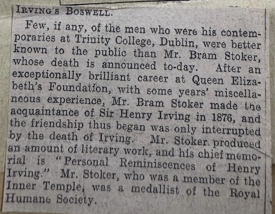 Complete Globe obituary of Bram Stoker headed Irving’s Boswell
