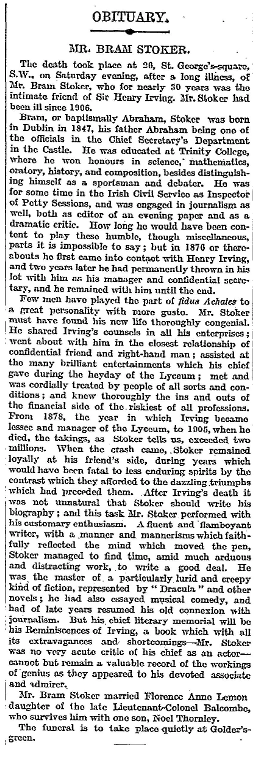 Obituary of Bram Stoker, The Times