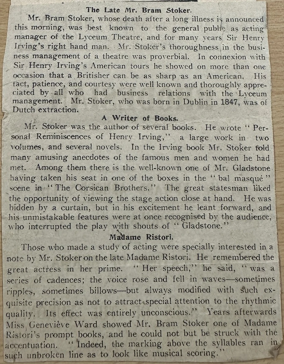 Westminster Gazette obituary headed The Late Mr. Bram Stoker