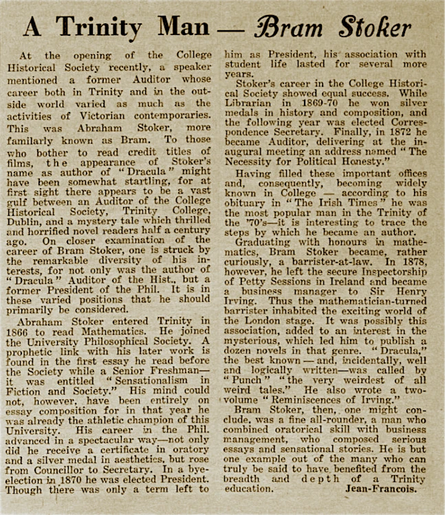 “A Trinity Man – Bram Stoker”, Trinity News.
