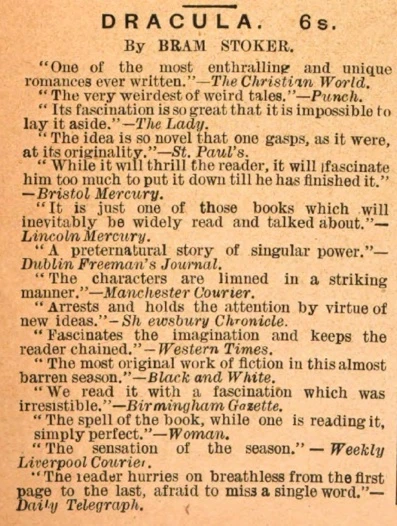 Advertisement for Dracula in The New Book List.