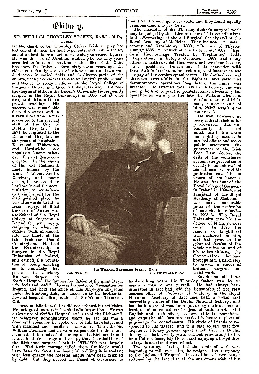 Obituary of Sir Thornley Stoker, 1912