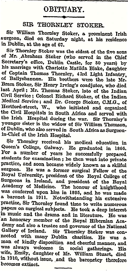 New York Times obituary of Sir Thornley Stoker, 1912