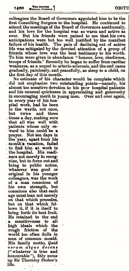 Obituary of Sir Thornley Stoker, 1912 (continued)