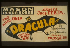 1938 Dracula poster with a yellow bat and Mason Opera House lettering.