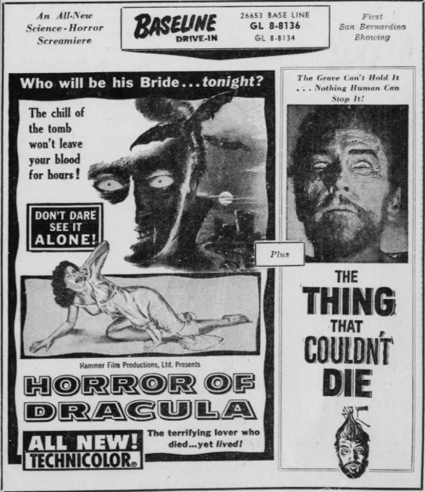 Baseline Drive-In newspaper advertisement for Horror of Dracula, 16 July 1958.