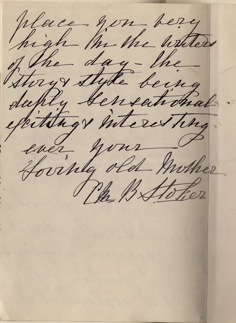 Charlotte Stoker’s letter to Bram about Dracula, last page (“your loving old mother”)