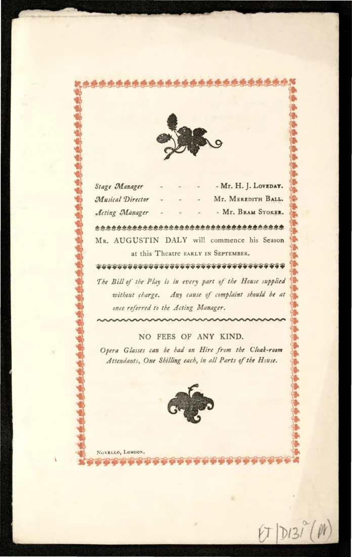 Lyceum Much Ado programme 1891 Bram Stoker credit