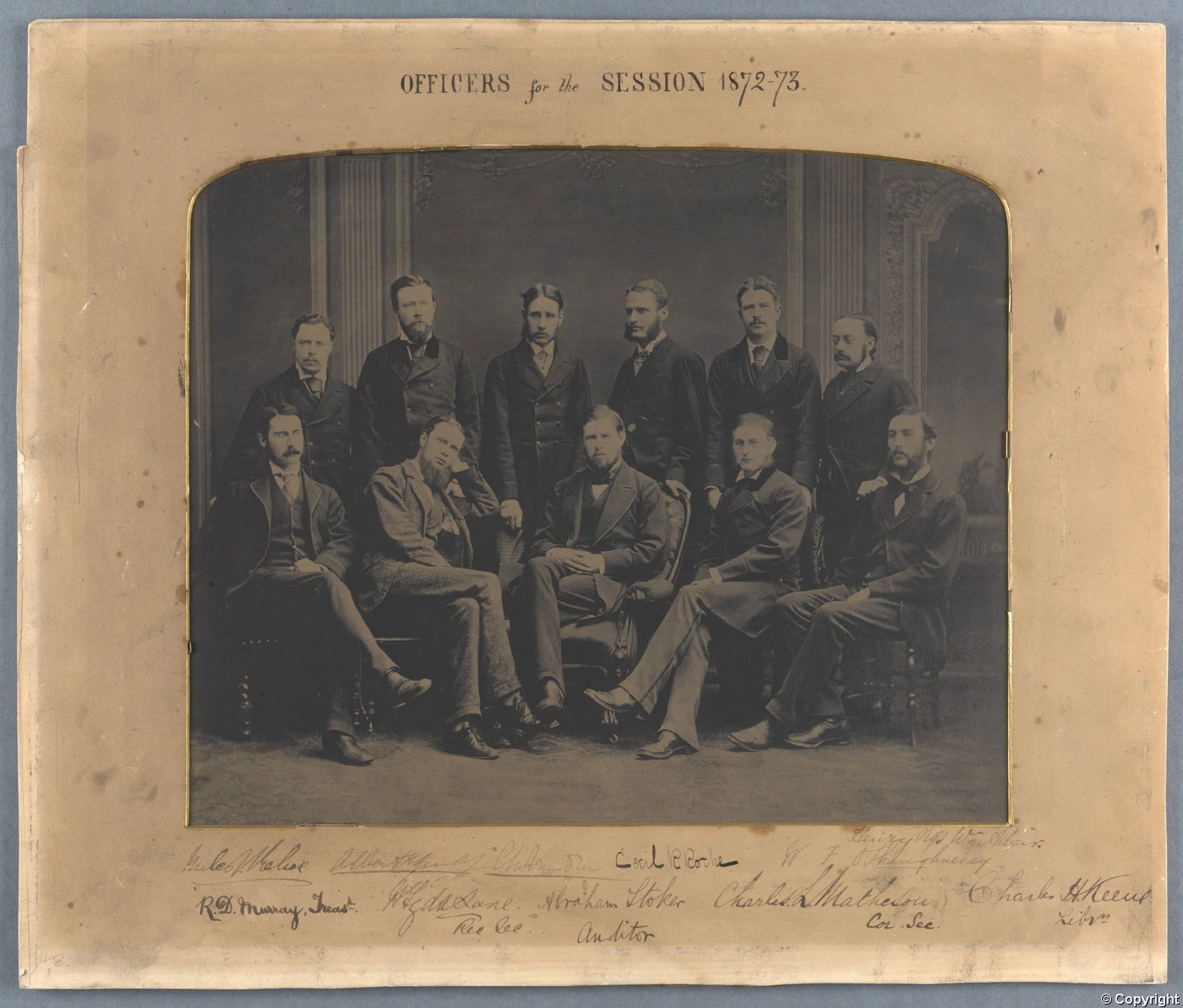 Officers of the College Historical Society, 1872–73. Bram Stoker, the Auditor, is seated in the centre.