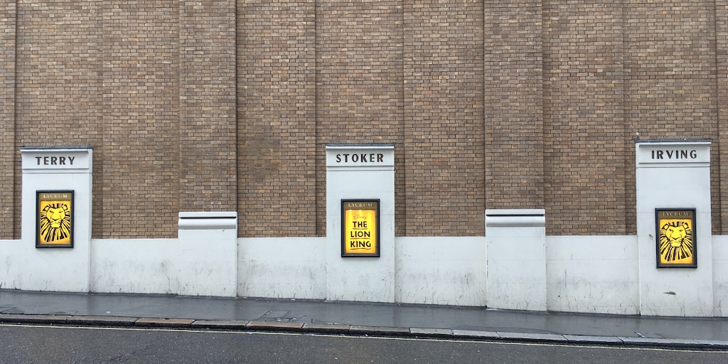 Terry, Stoker and Irving commemorated on the Lyceum’s Burleigh Street wall.