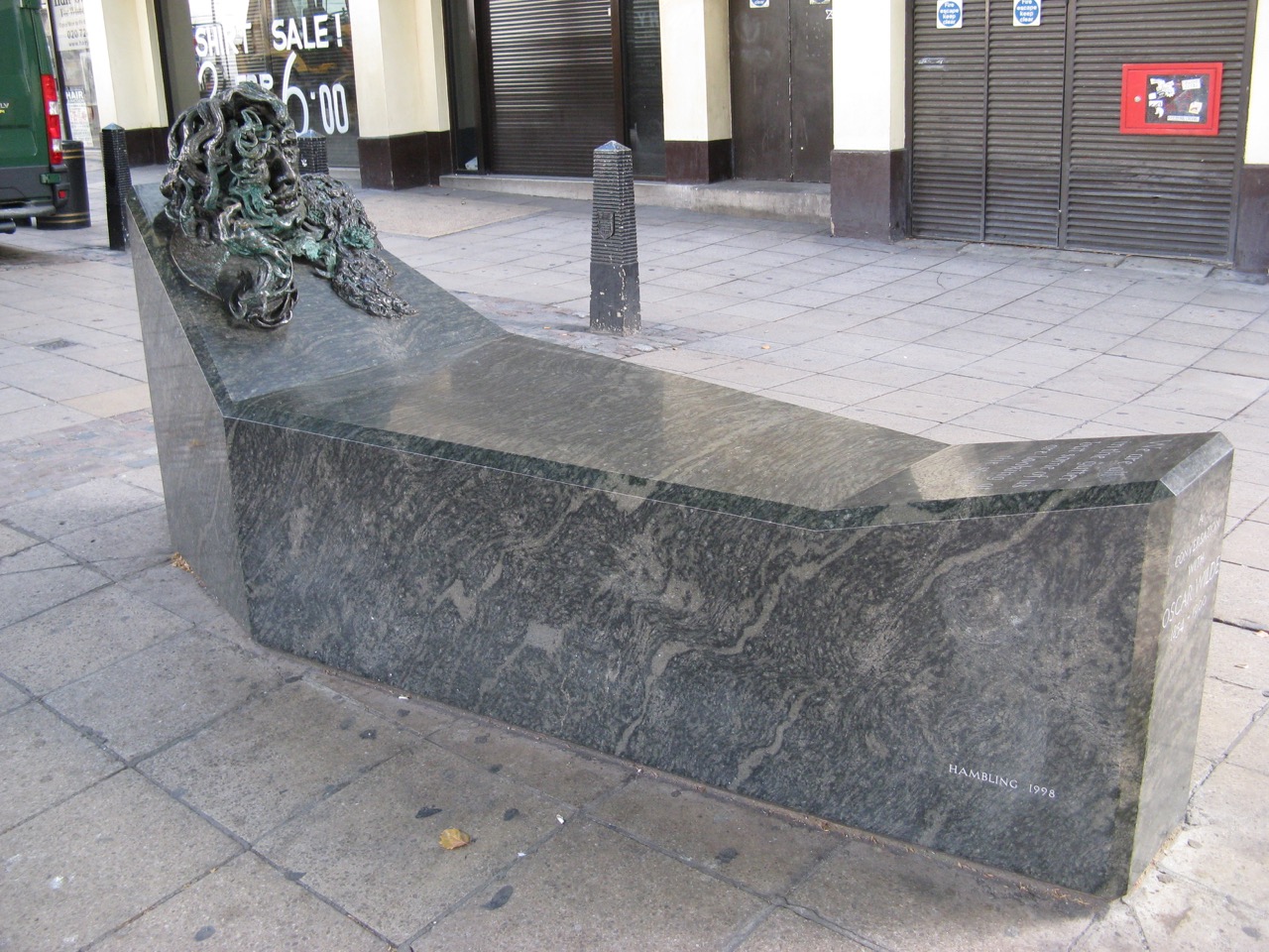 Maggi Hambling’s A Conversation with Oscar Wilde on Adelaide Street, London, photographed in 2009.
